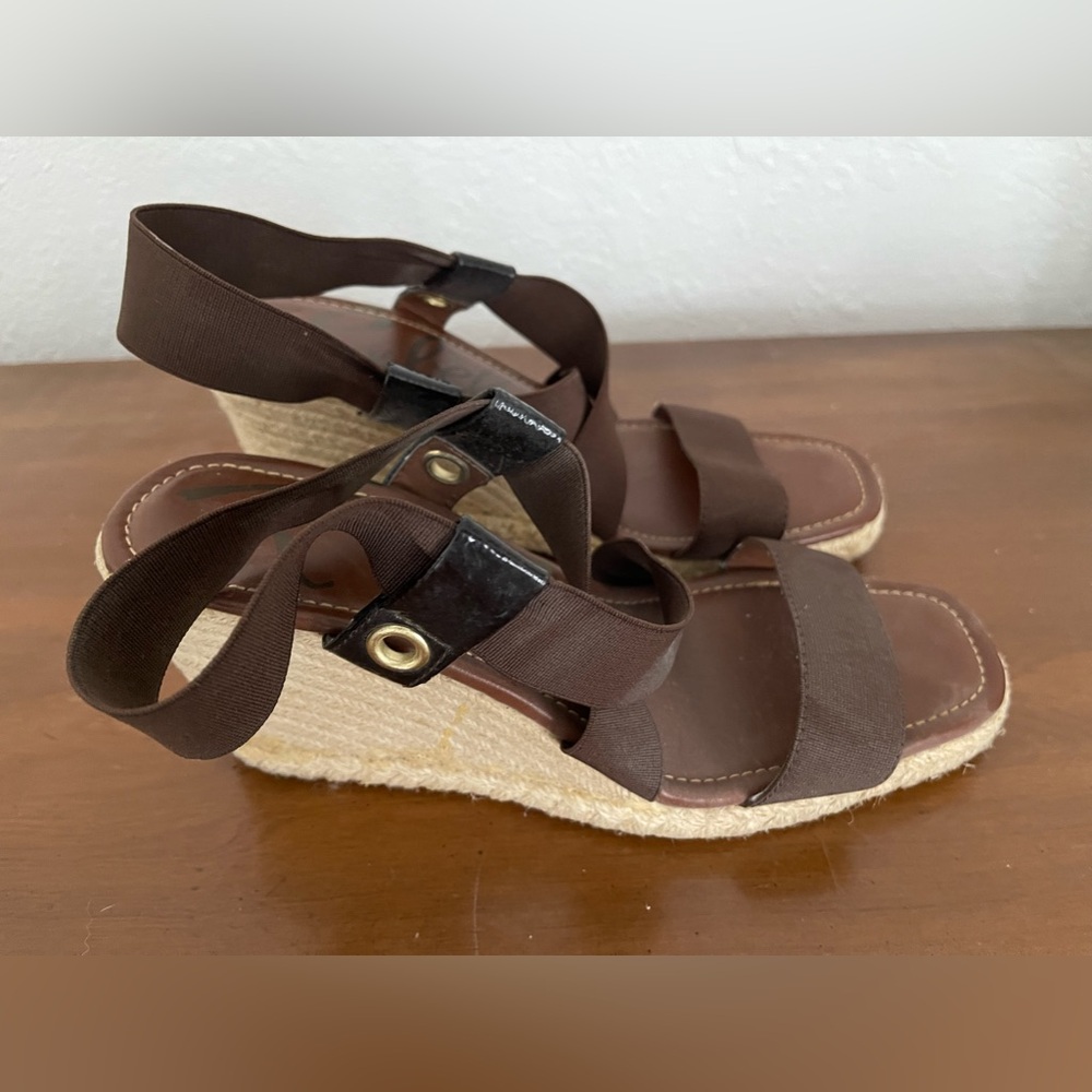 REBELS BROWN LEATHER/STRETCH ESPADRILLE WEDGE SANDALS - LADIES SIZE 8.5